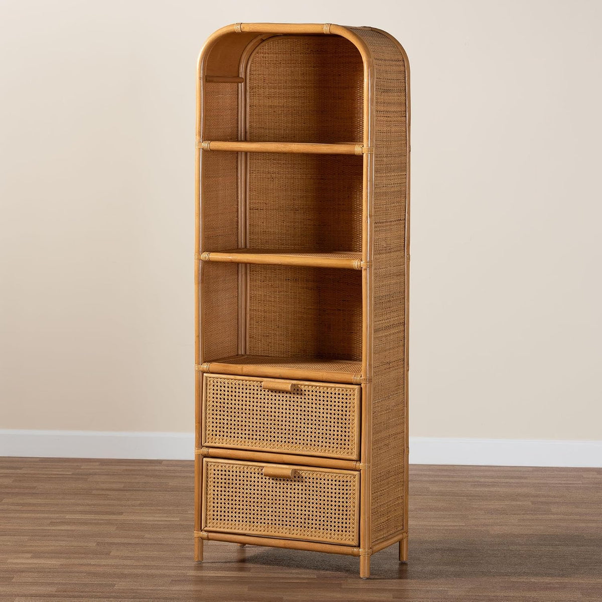 Bali & pari Curacao Modern Bohemian Light Honey Rattan 2-Drawer Bookcase