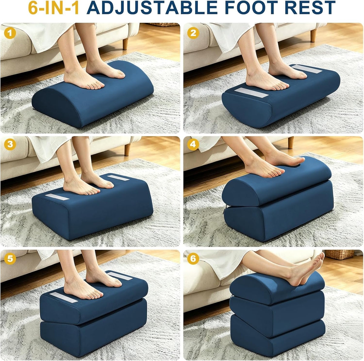 Under Desk Foot Rest, 6-in-1 Ergonomic Footrest, 5 Adjustable Heights-Blue