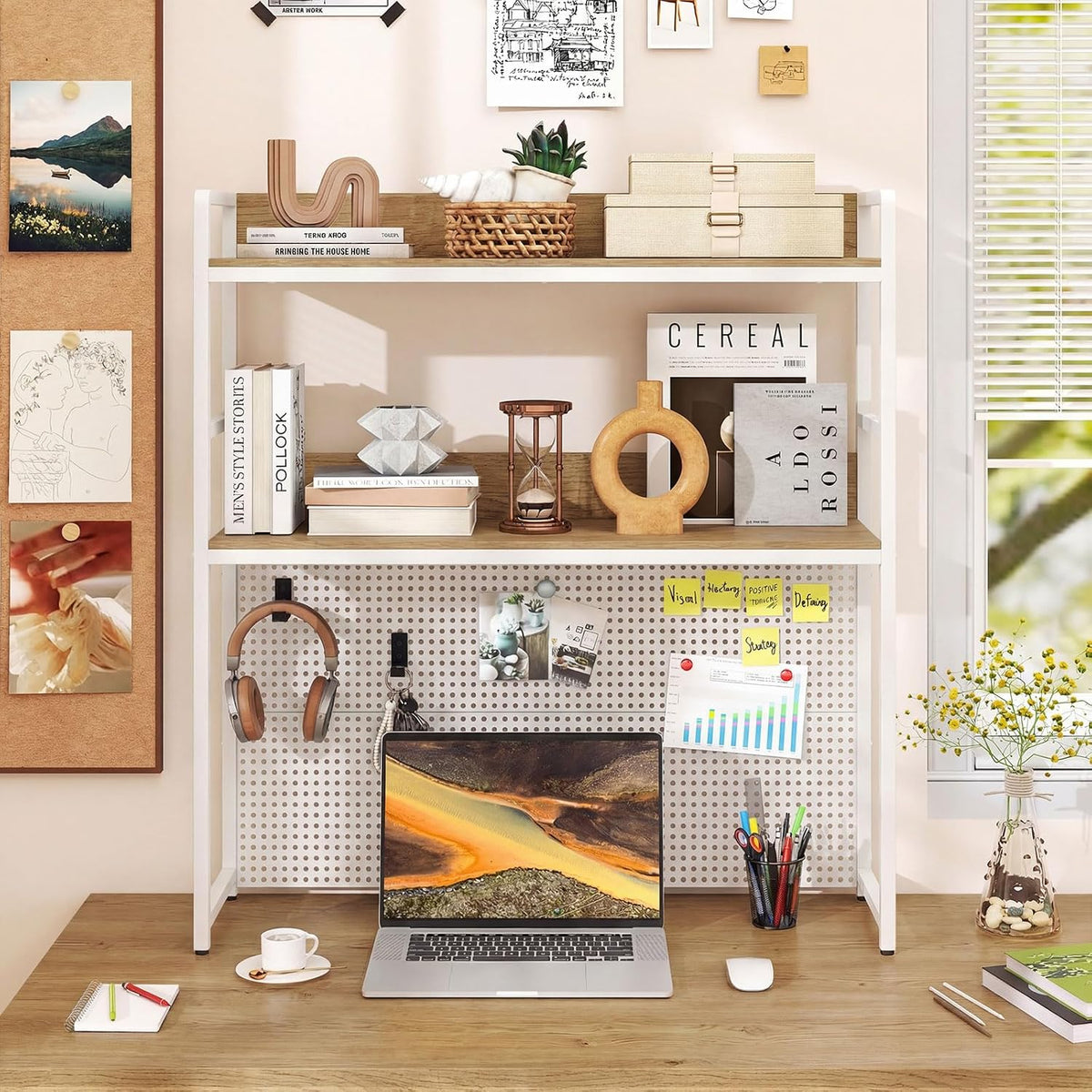 GIANTEX Desktop Bookshelf, 2-Tier Desk Hutch Dorm with Pegboard for up to 32&...