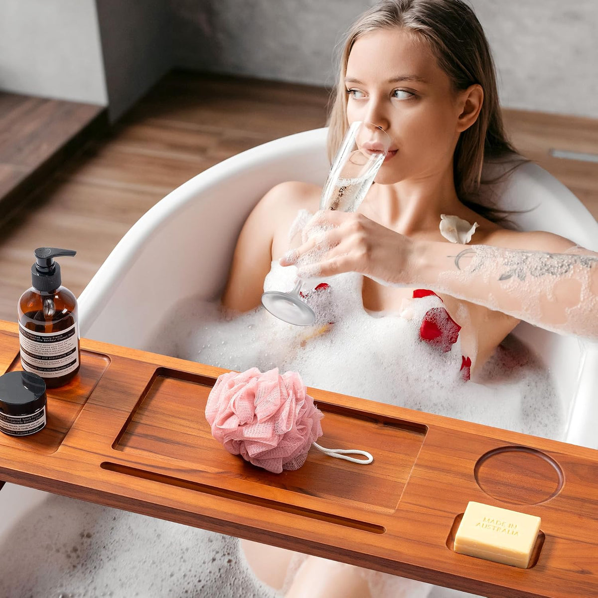 29 Inch Teak Bathtub Tray for Freestanding Tubs, Luxury Bath Caddy