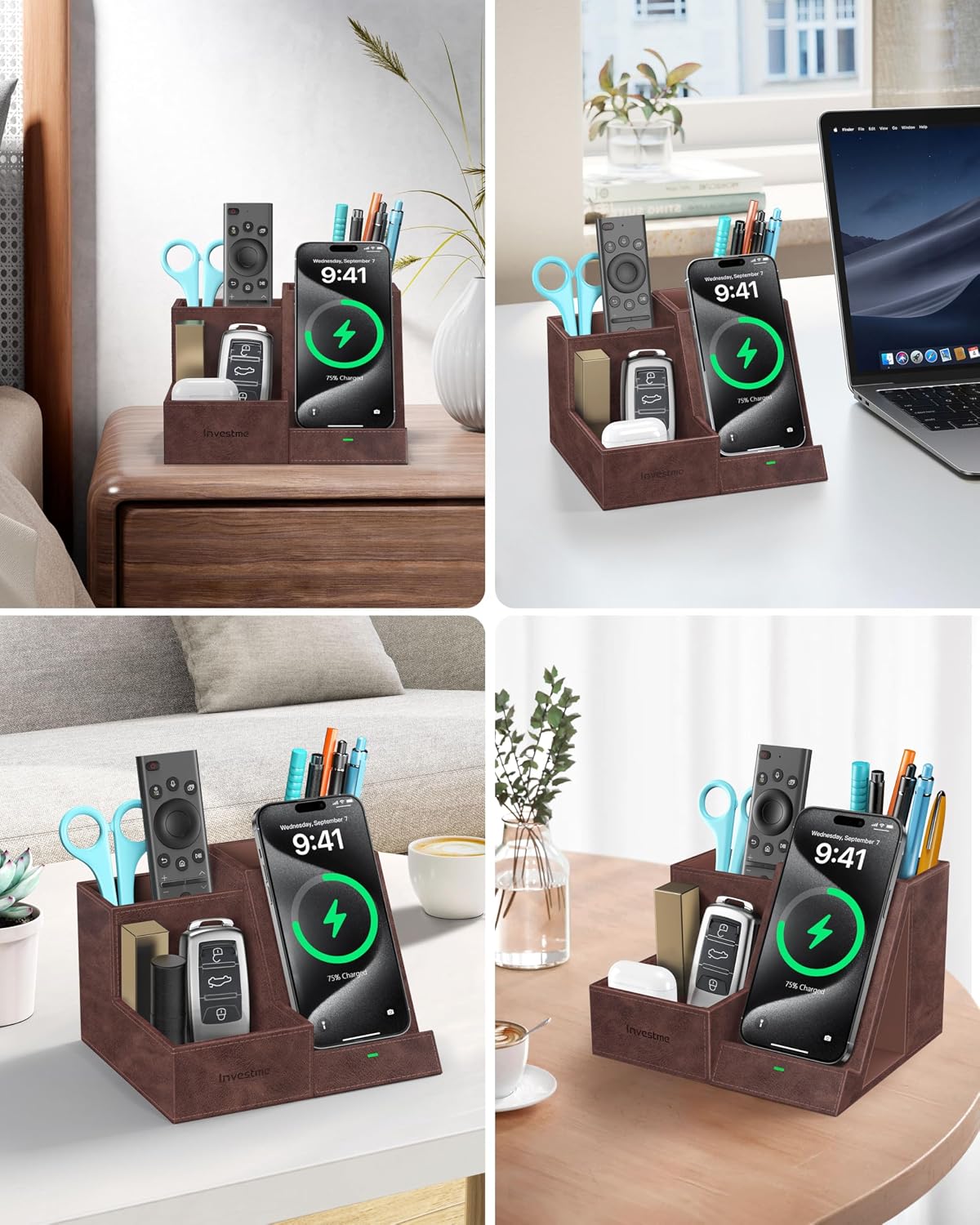 Wireless Charger with Desk Organizer, 3 Compartments and 1 Phone Stand