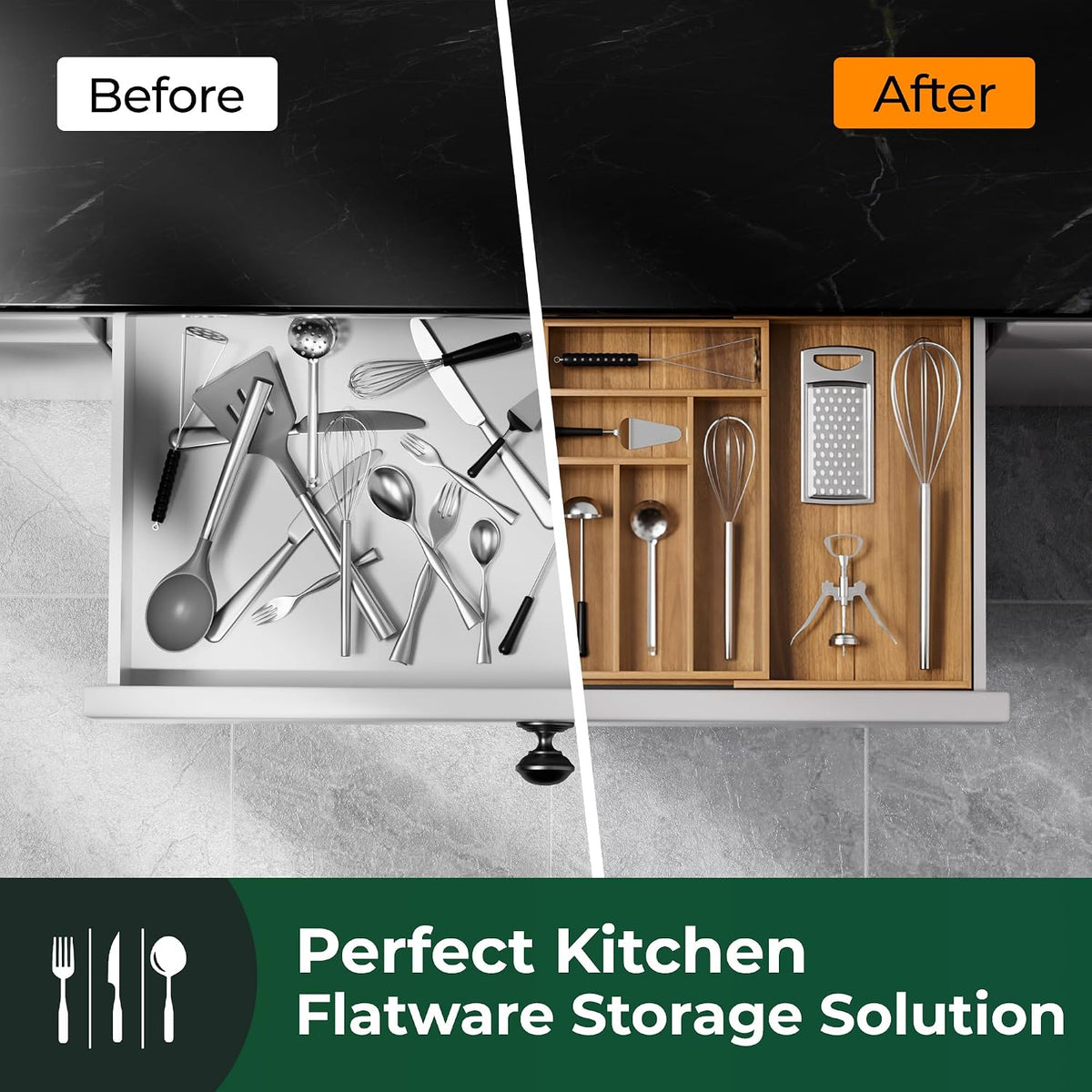 Large Silverware Organizer, 13 Slots Magnetic Connected Expandable Acacia Woo...