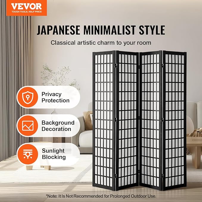 VEVOR Room Divider, 4 Panel Japanese Room Divider, Wood Folding Privacy Screen - Image 2