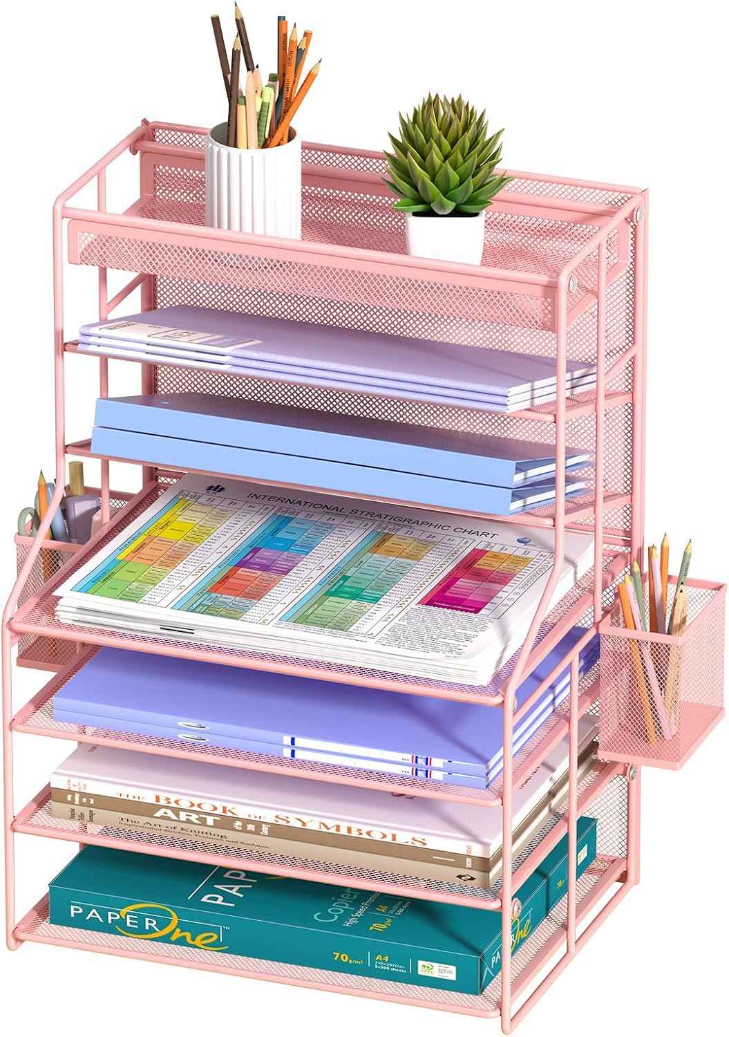 Pink 7 Tier Desk File Organizer, Metal Letter Tray Paper Organizer with Pull-...