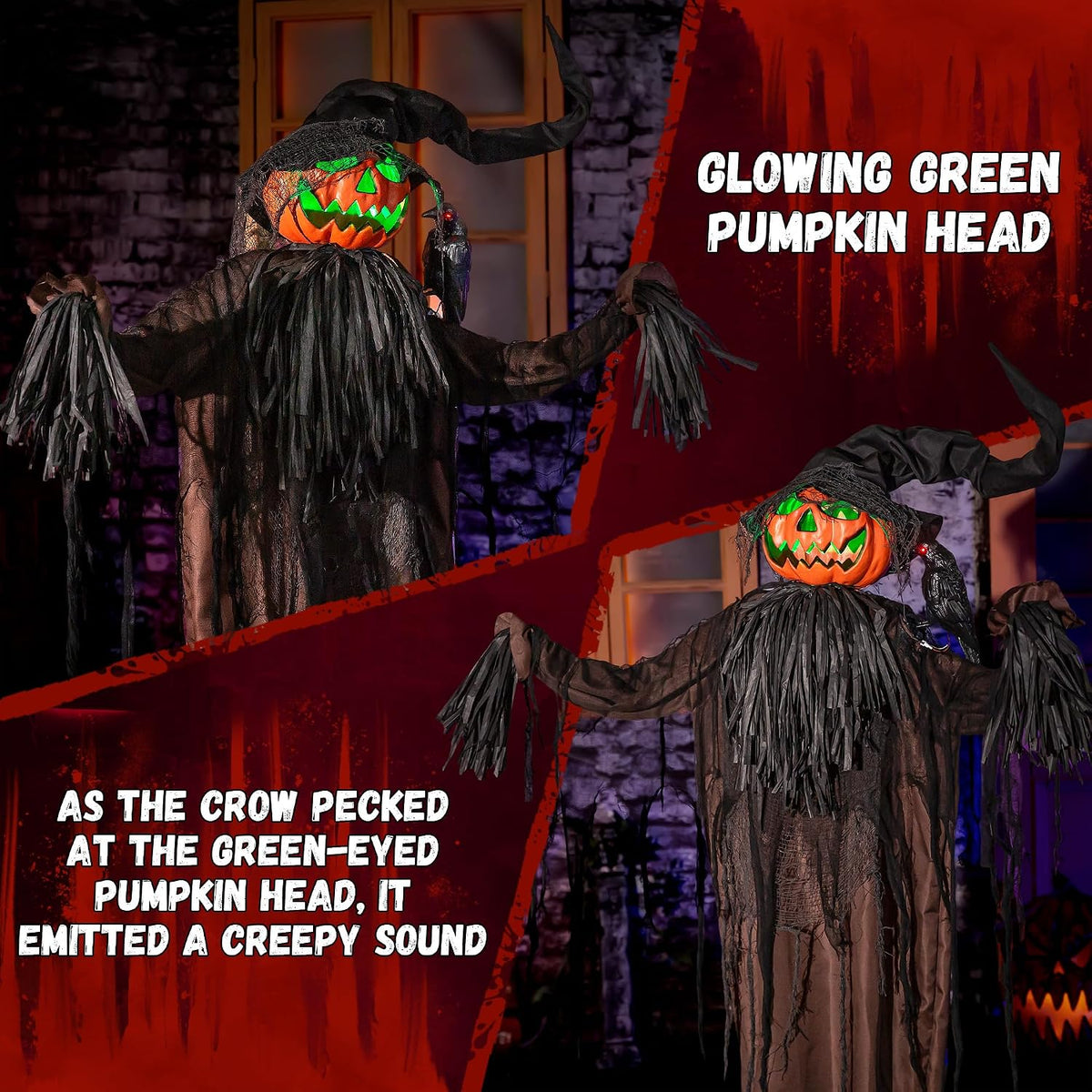 Halloween Animatronics Decorations, 5.5FT Animated Scarecrow with Pumpkin Hea...
