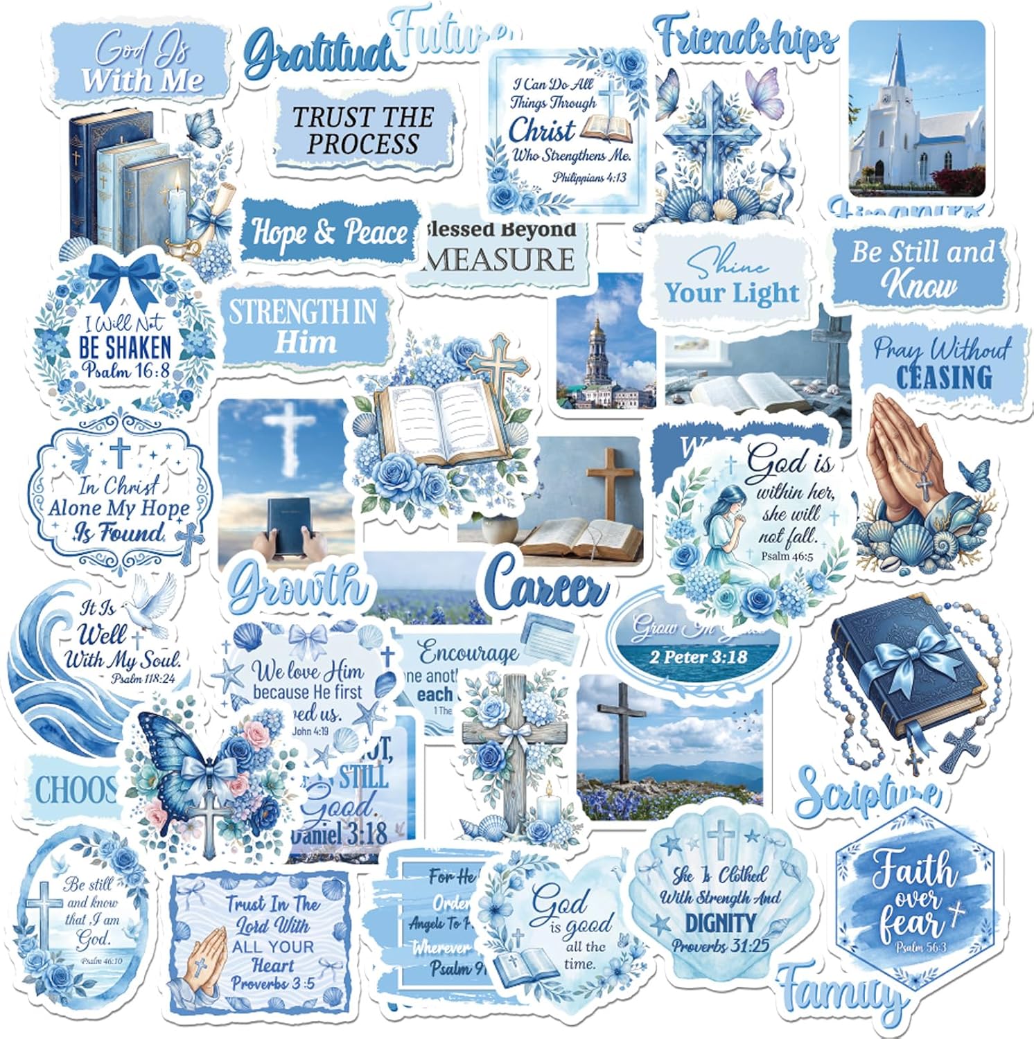Ocean Prayer Board Supplies - 50 Pcs Blue Christian Jesus Stickers | Bible Verse Gifts for Adults Women Girls Motivational Decorating Decals Kit Bulk for Planner Water Bottle Book Scrapbooking