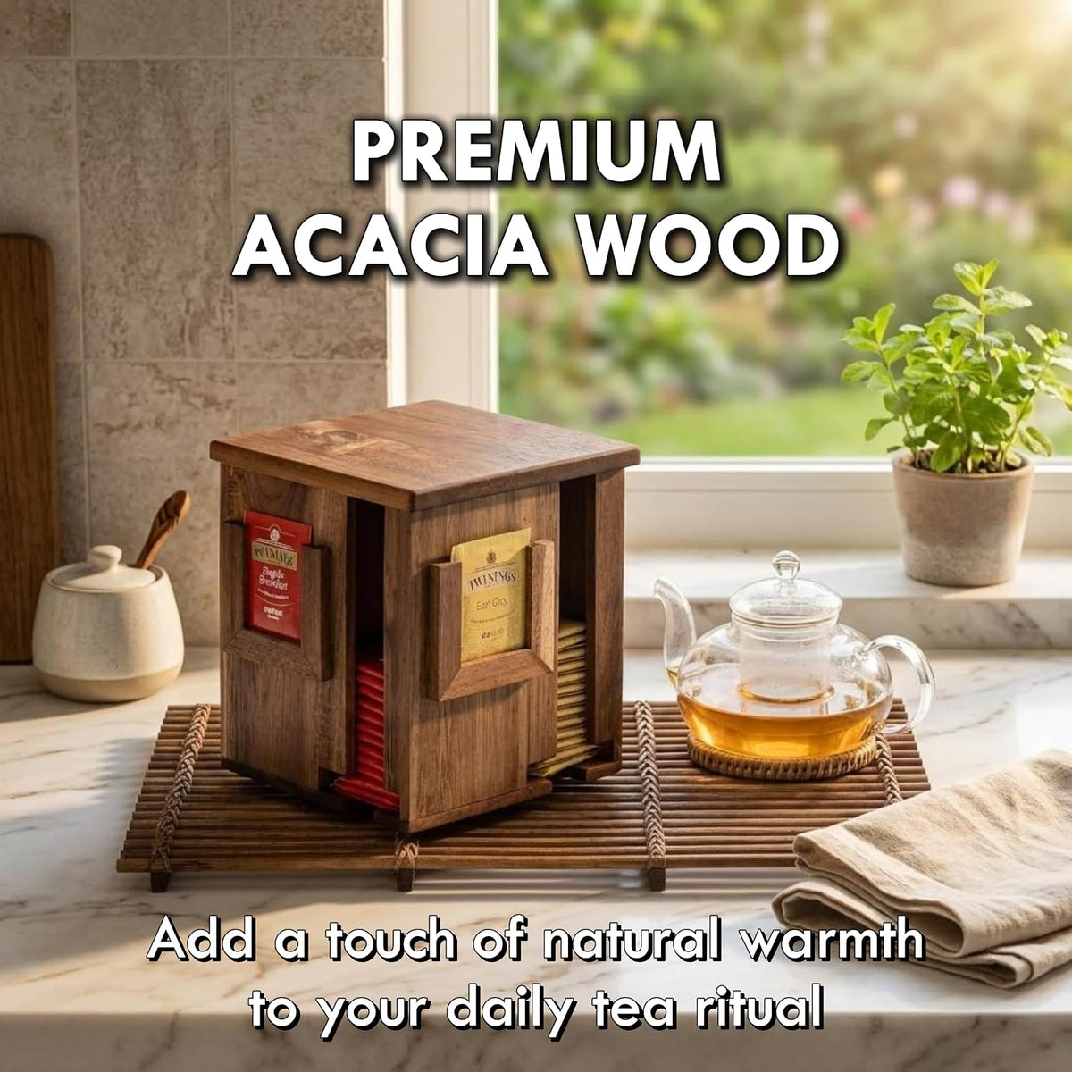 Rotating Tea Bag Organizer for Countertop - 4-Sided Acacia Wood Tea Storage C...