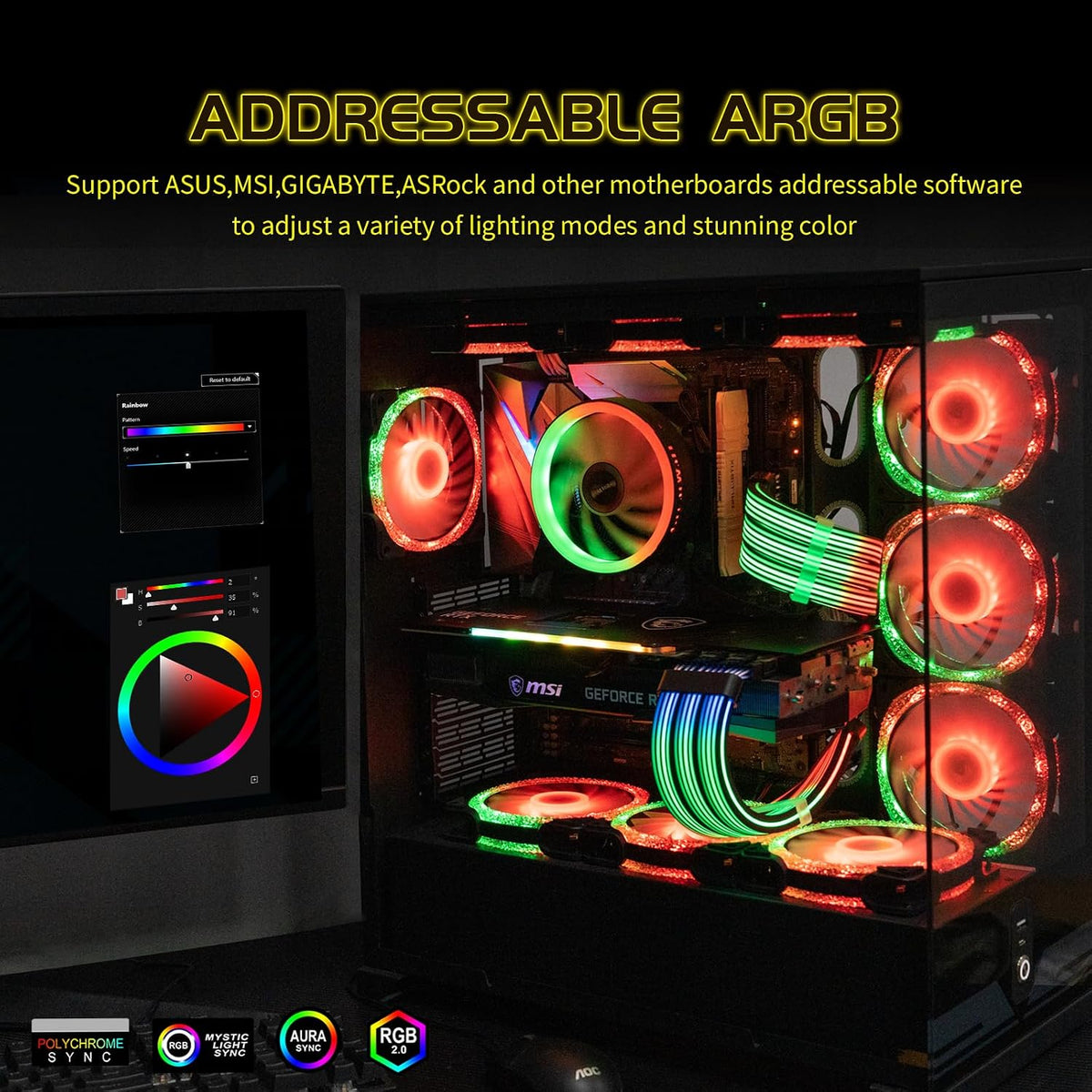 Sirlyr Black 24Pin 4-Side RGB PSU Cables Extension,5V 3Pin MB Sync