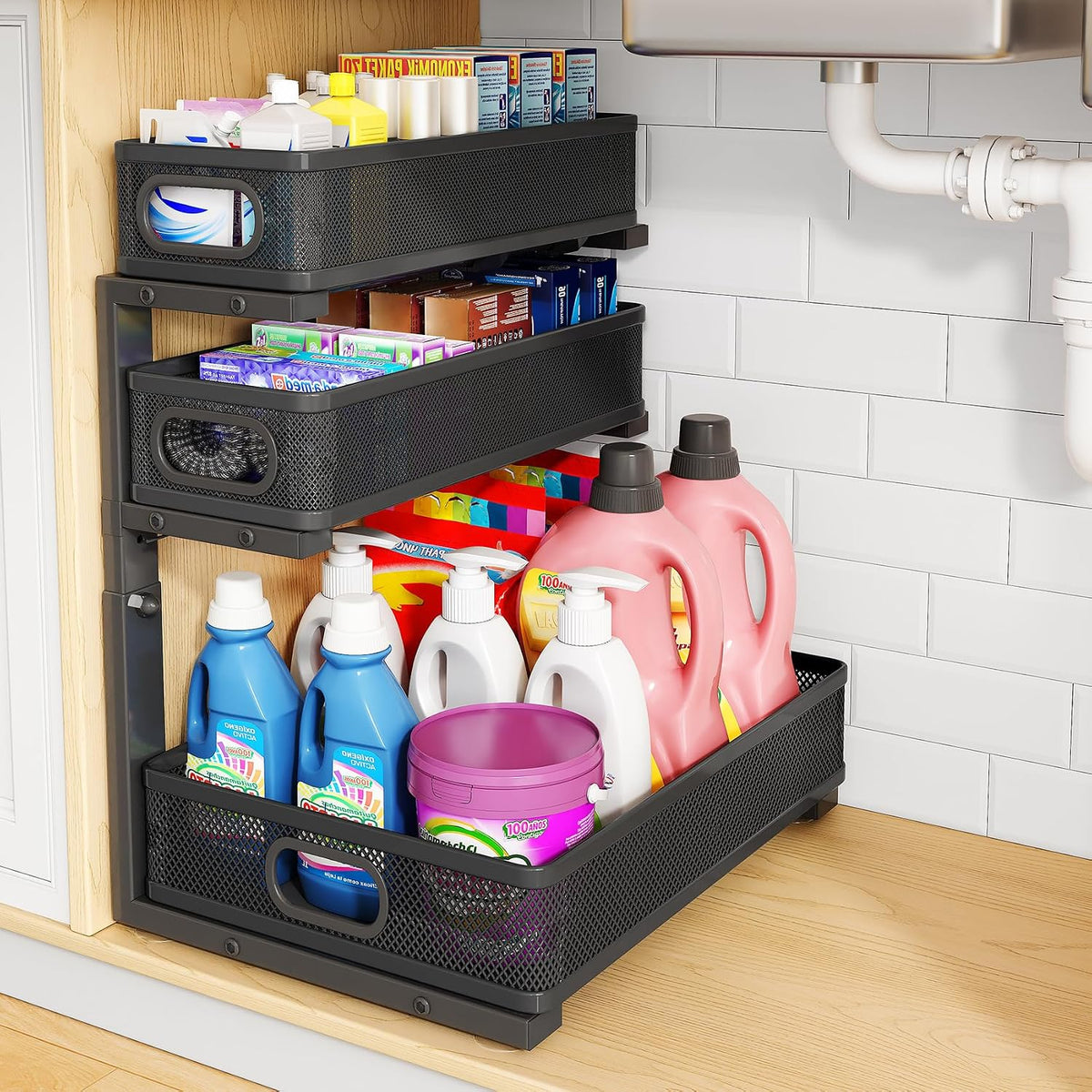 Under Sink Organizer, 3-Tier Thickened Metal Pull out Cabinet Organizer Shelf...