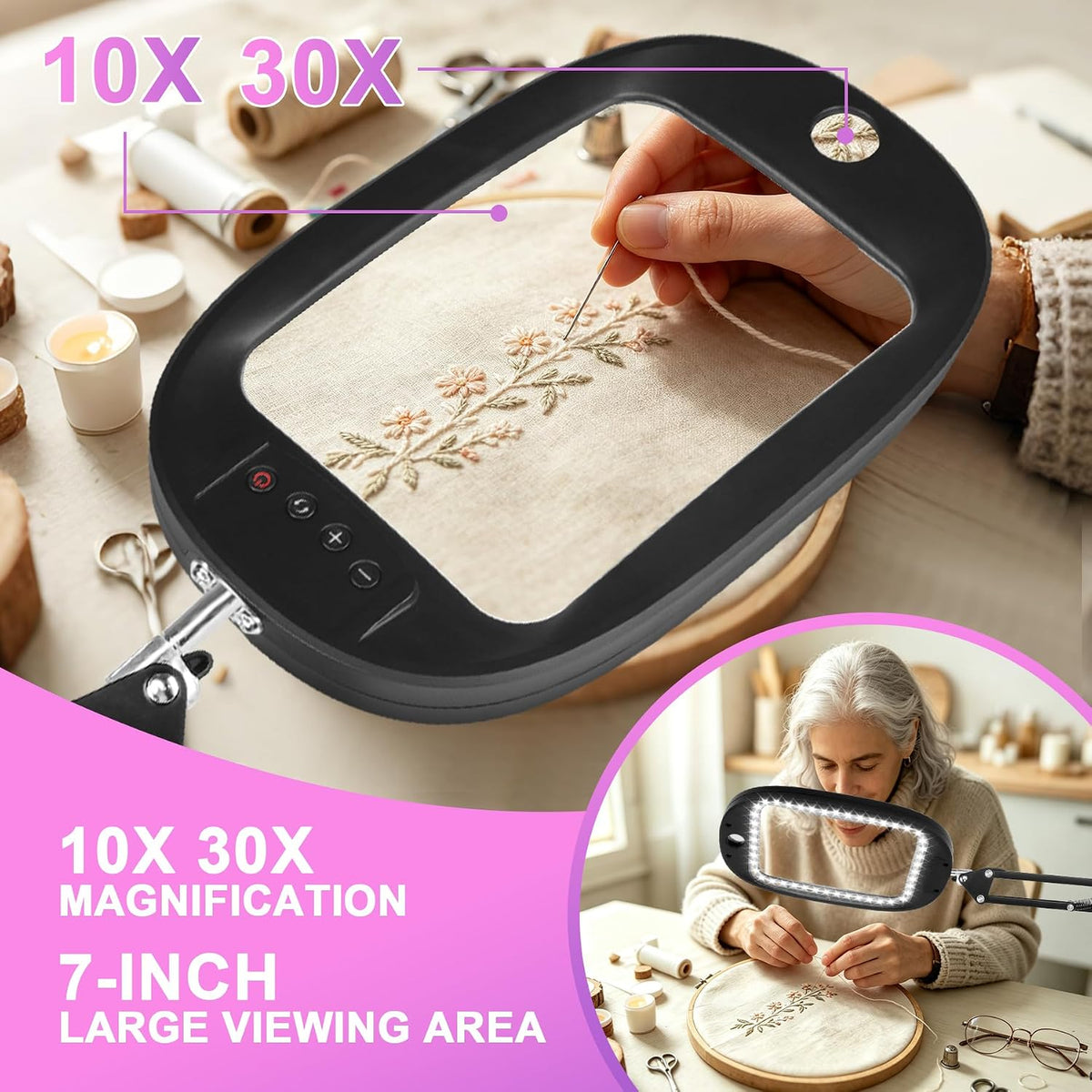 10X 30X Large Magnifying Glass with Light and Stand, Hands-Free Magnifier