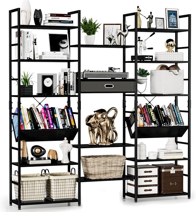 NUMENN Triple Wide 6 Tier Bookshelf, Adjustable Rustic Industrial Style Book by NUMENN