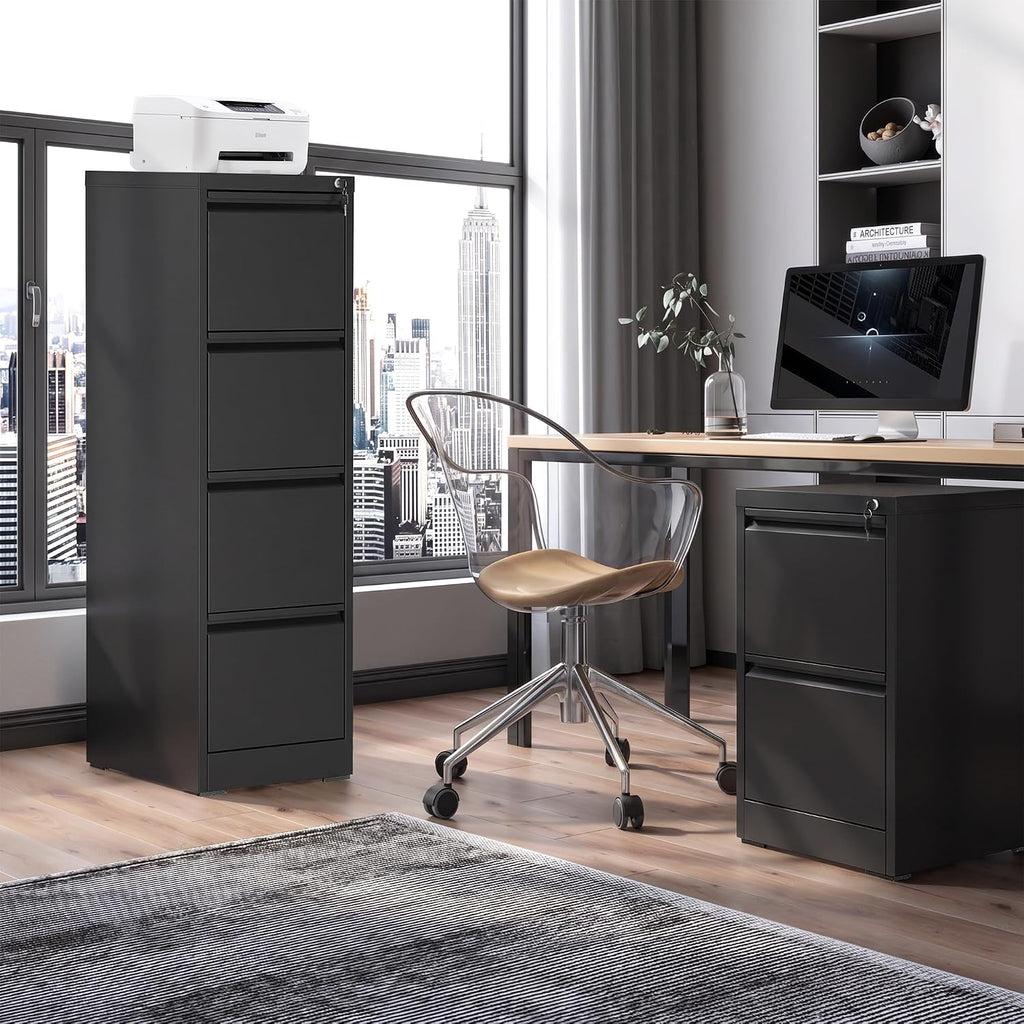 4 drawer file cabinet with lock, metal filing shown in use