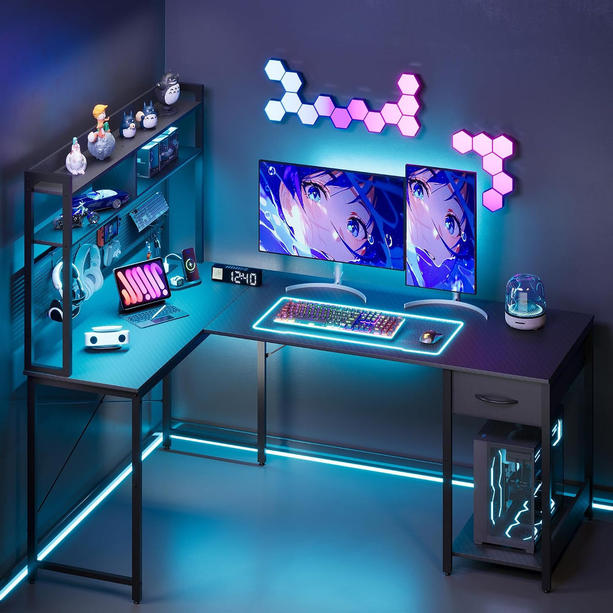 Apicizon L Shaped Gaming Desk 53" with Hutch, LED Light and Drawer
