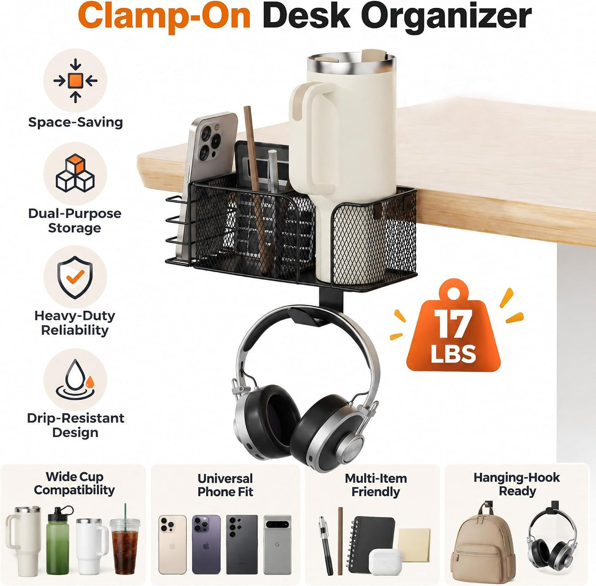 4-in-1 Clamp on Desk Cup Holder, Dual Compartment Mesh Organizer with Detacha...
