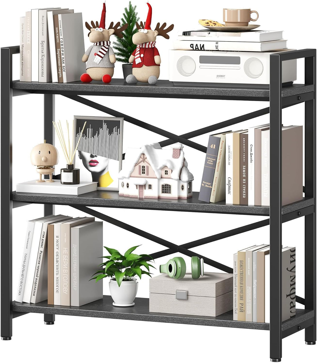 Homeiju 3 Tier Bookshelf 31.49" Width, Wood and Metal Etagere Bookcase