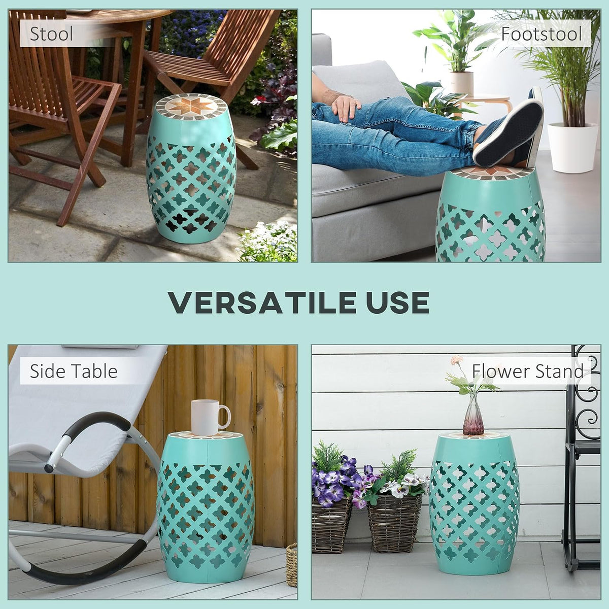 Outsunny Decorative Outdoor Stool, 12" Round Patio Side Table, Mosaic Blue