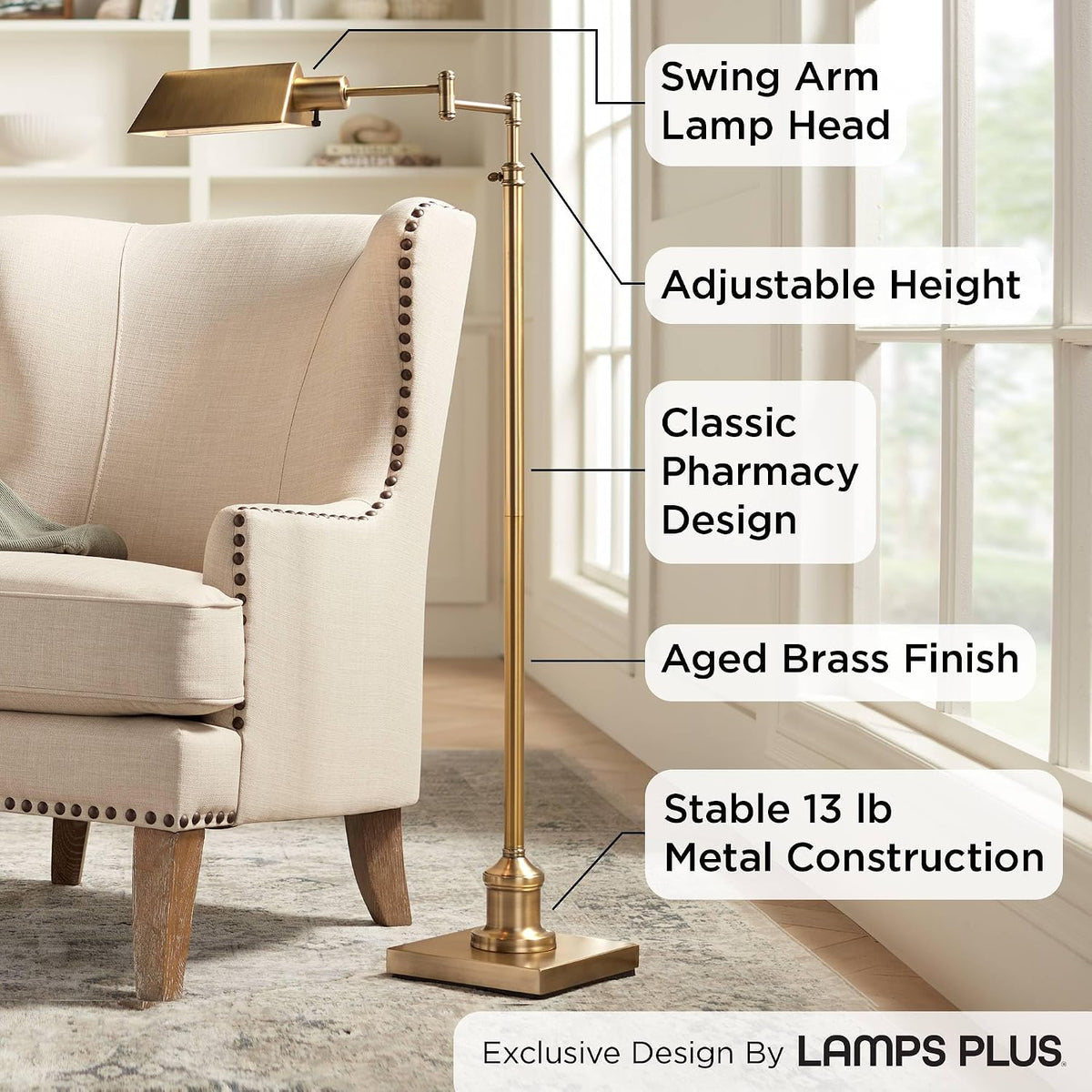 Jenson Adjustable Height Brass Swing Arm Pharmacy 54" Tall Floor Lamp