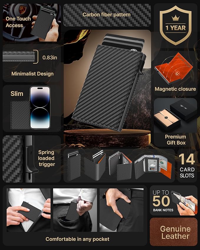 typecase Mens Wallet Card Holder: Pop Up Aluminum Case, Carbon Fiber Leather - Image 2