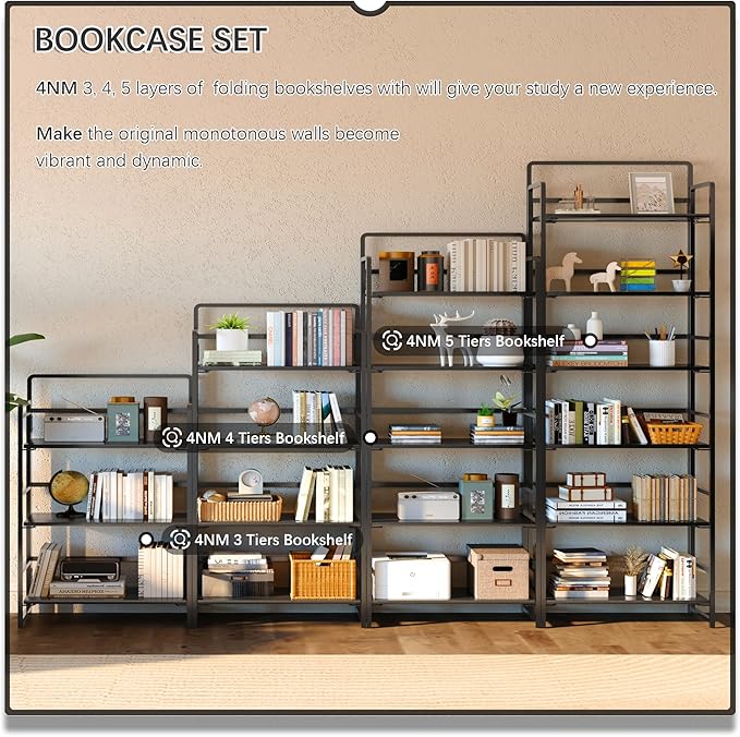 4NM No Assembly 6 Tiers Folding Bookshelf Storage Shelves Vintage Bookcase - Image 5