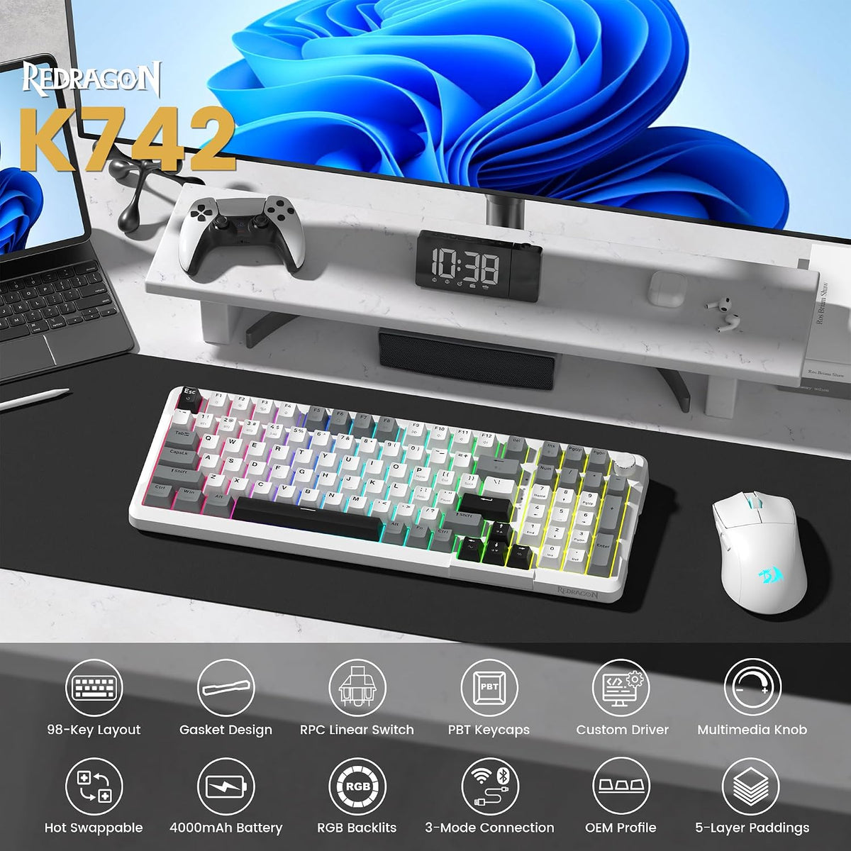 Redragon K742 Wireless Mechanical Gaming Keyboard with Knob, Bluetooth 5.0/2....