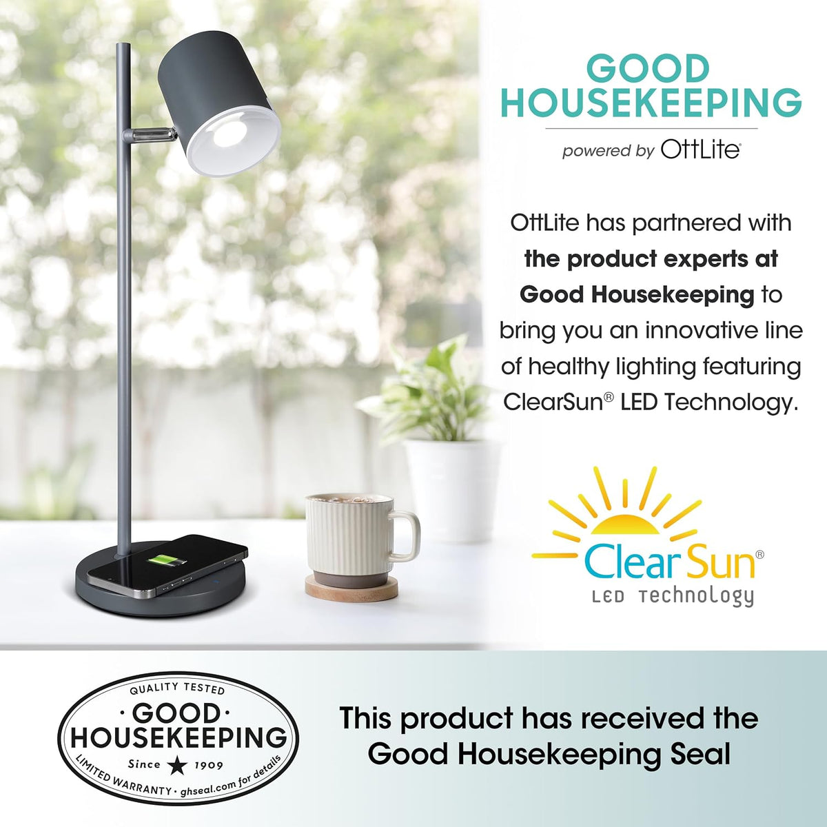 OttLite Good Housekeeping Modern LED Desk Lamp, Wireless Charging, Grey