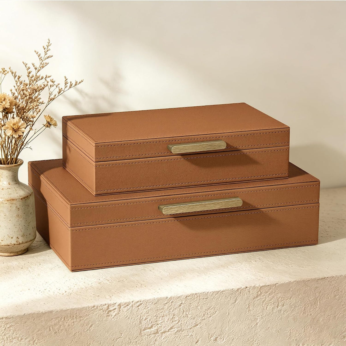 JARLINK Decorative Storage Boxes with Lids, PU Leather Bins, 2 Pack, Brown