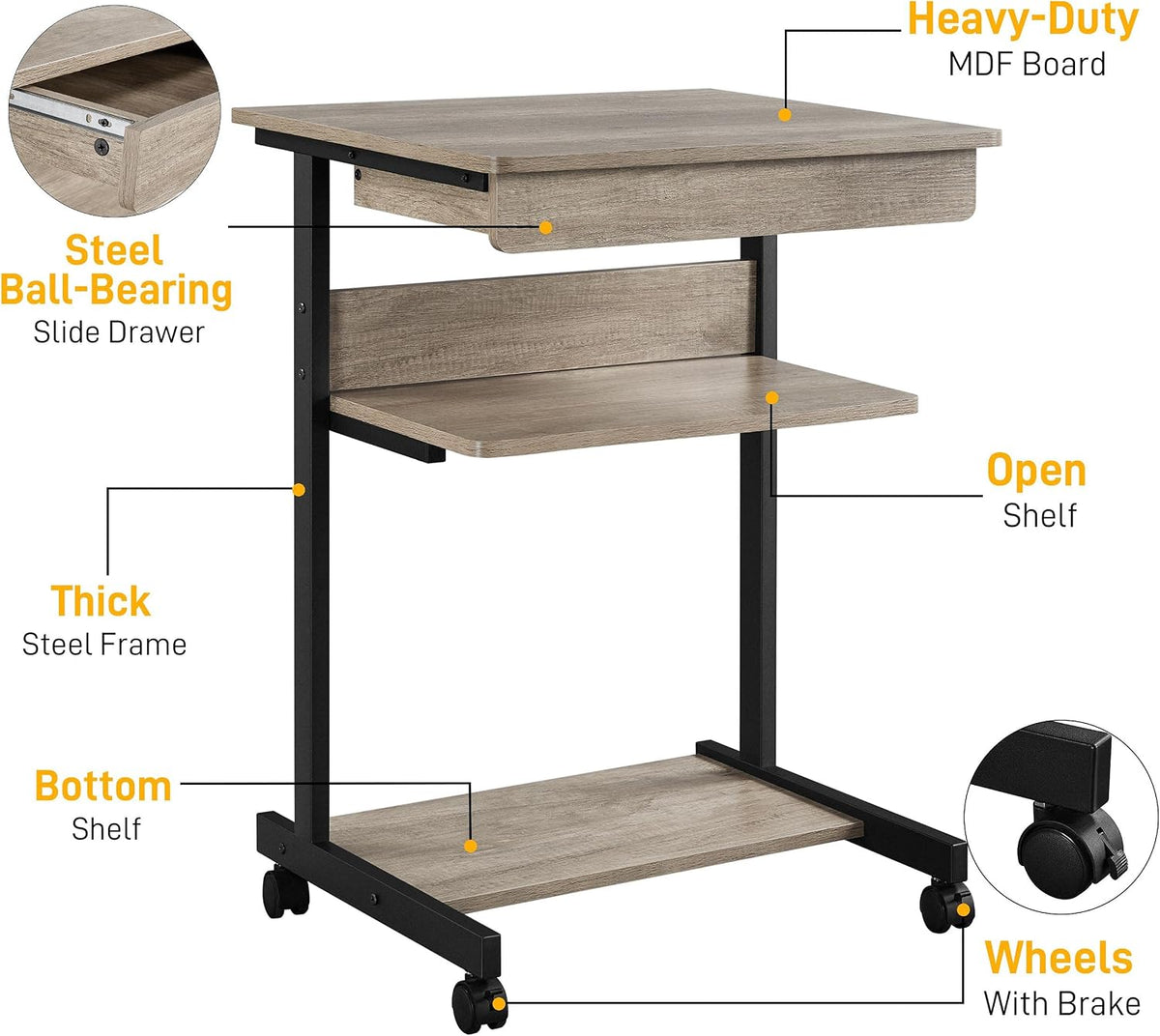 Yaheetech Tiny Mobile Computer Desk, 3-Tier Rolling Cart with Drawer, Gray