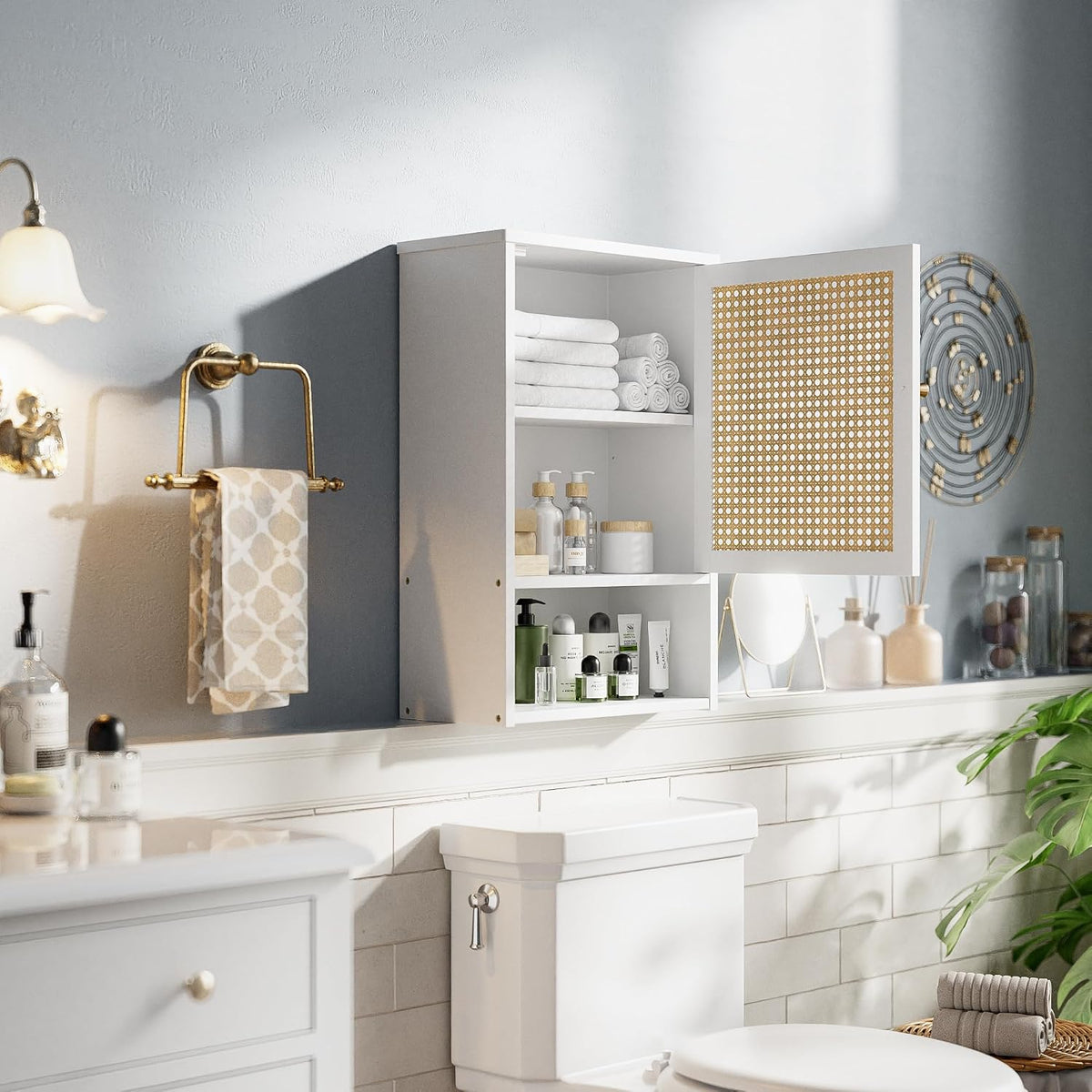 Bathroom Wall Cabinet, Bamboo Over-The-Toilet Storage Organizer with Rattan D...