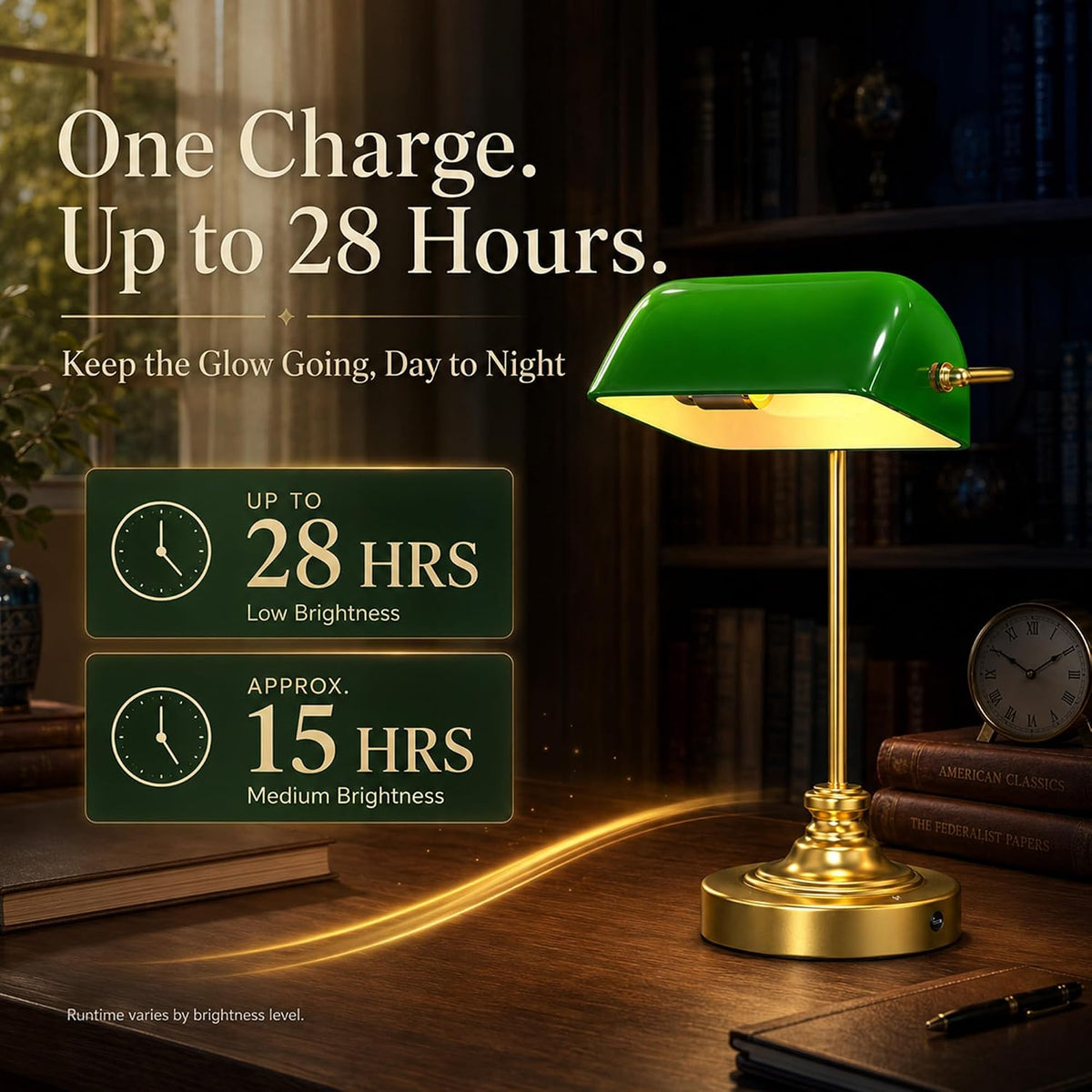 mokoqi cordless bankers lamp rechargeable green glass desk, side view