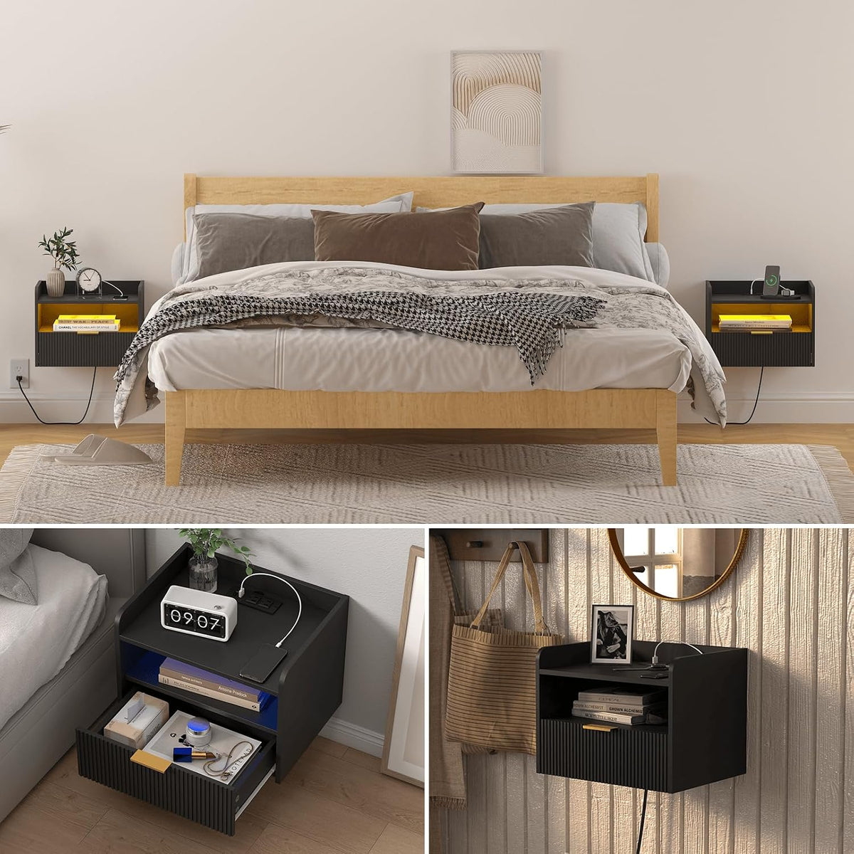 Veegle White Floating Nightstand with Charging Station and LED Lights (Black)