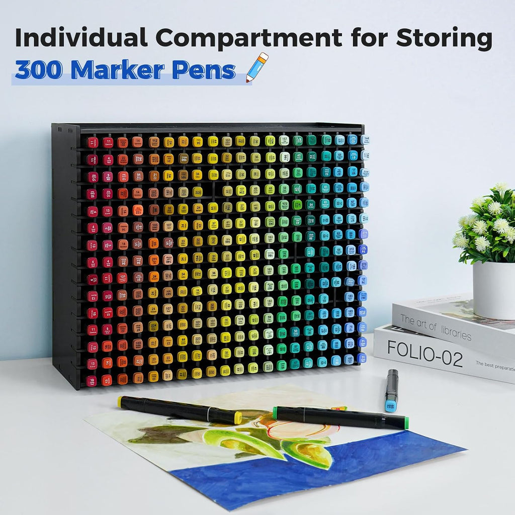 sanfurney art marker storage rack for 300 markers showing dimensions