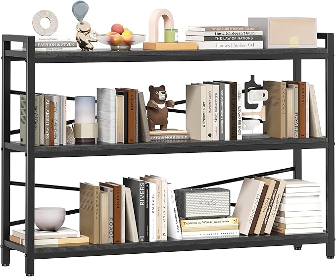 3 Tier Bookcase 47.24" Width, Long Industrial Book Shelf, Vintage Wooden Large by Homeiju