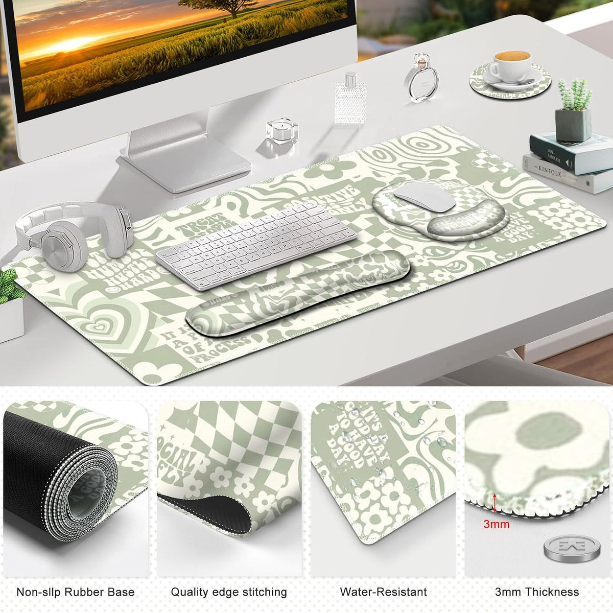 Large Desk Mat, Beige Gaming Mouse Pad, Desk Pad Protector, XXL Mousepad + Ke...