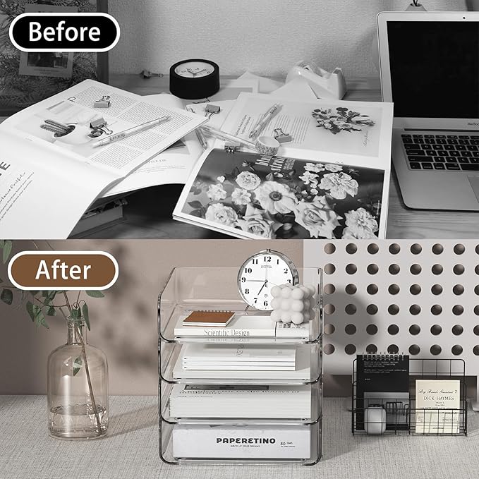 FANXIYQ 4-Tier Acrylic Paper Tray Organizer | Clear Stackable Desk Organizer - Image 7