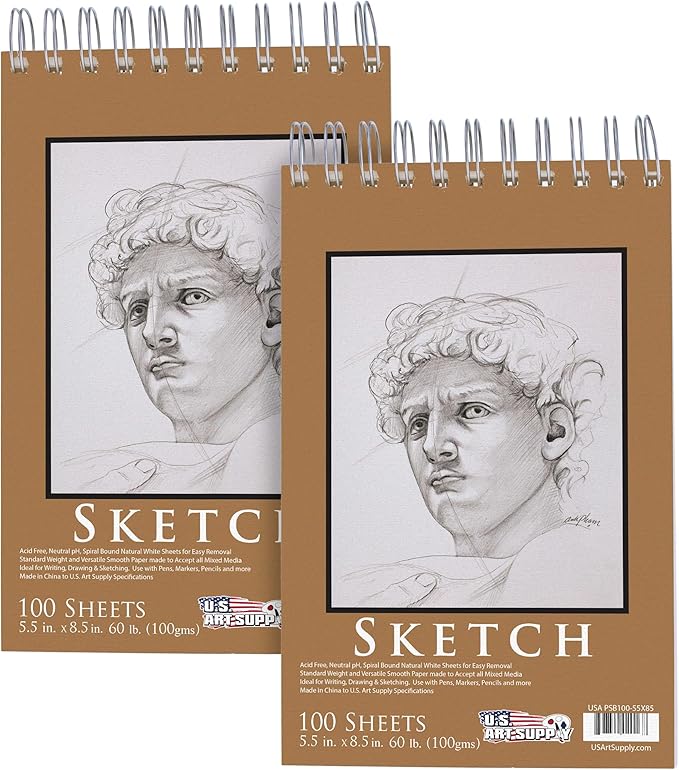 U.S. Art Supply 5.5"x8.5" Top Spiral Bound Sketch Book, 2 Pack, 100 Sheets Each by USArtSupply