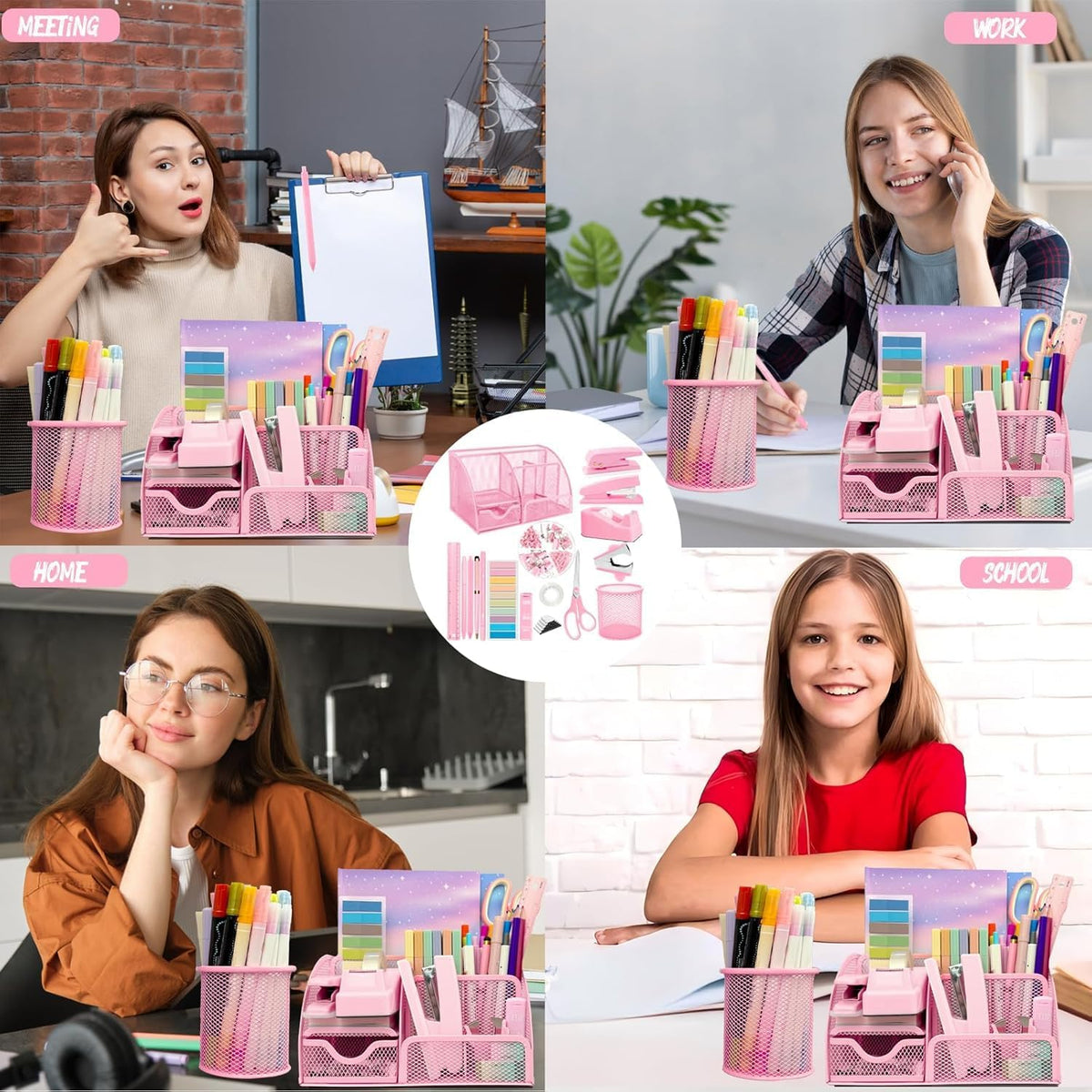 Pink Office Supplies, 17Pcs Pink Desk Accessories Set Include Stapler, Mesh D...