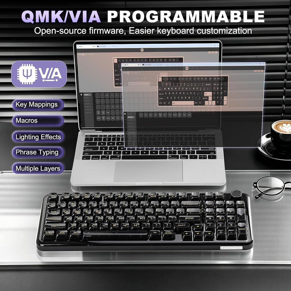 YUNZII X98 96% Wireless Hot Swap RGB Keyboard(Black, Crystal Switch)
