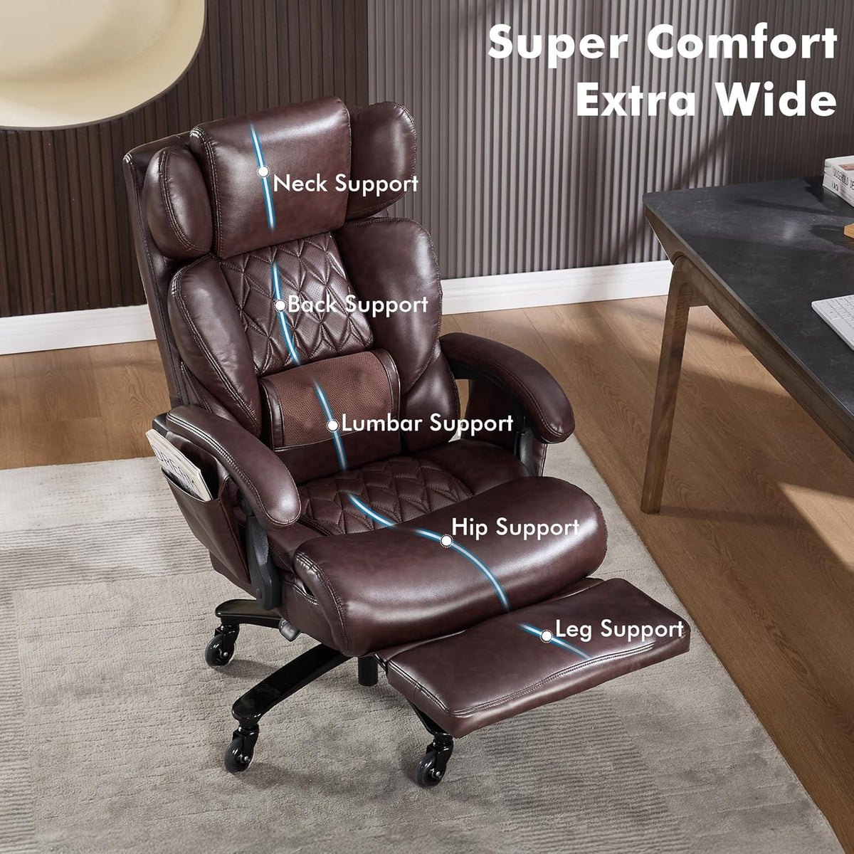 Big and Tall Ergonomic Massage Office Chair with Footrest, PU Leather Brown