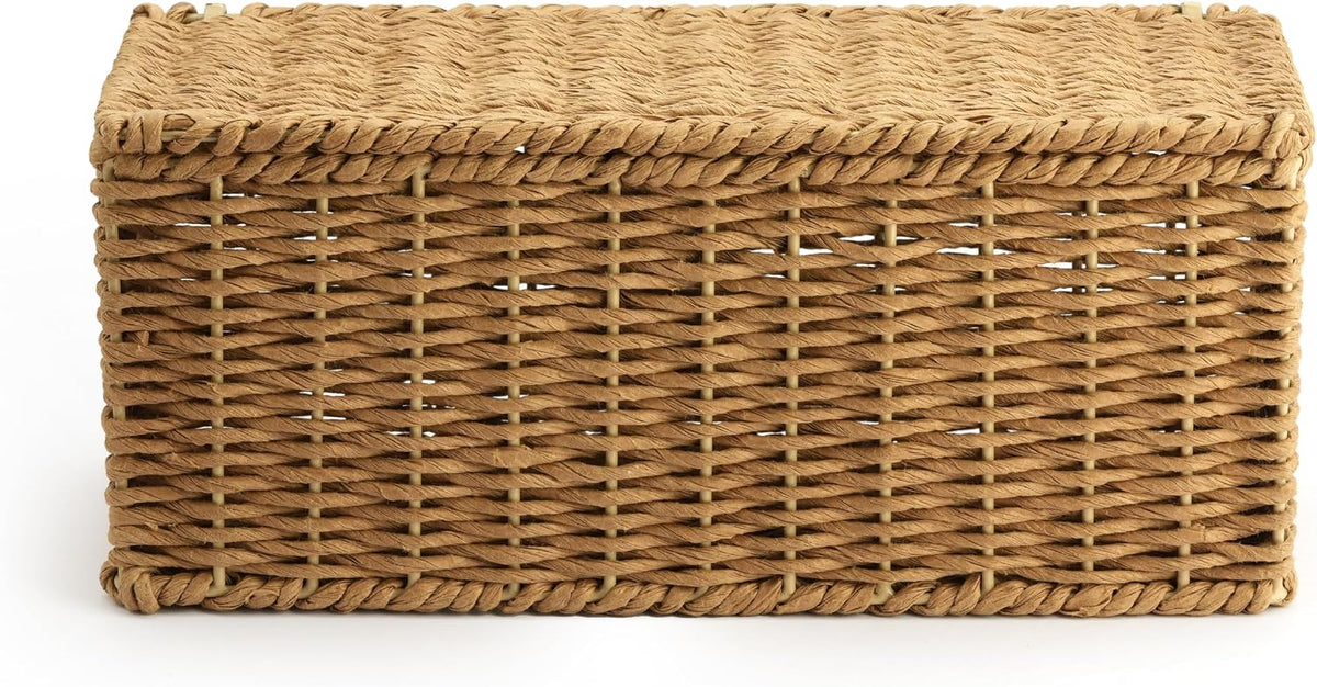 Handwoven Natural Raffia Cable Management Box with Lid – Decorative Cord Orga...