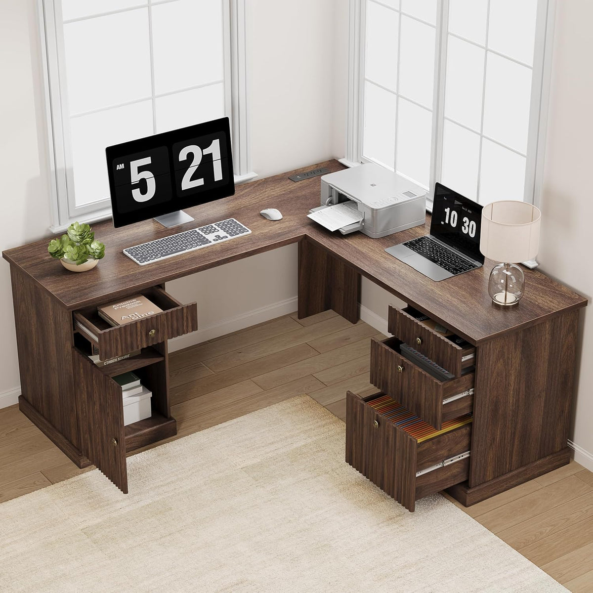 Garvee 60" Fluted L Shaped Desk with File Drawer, Corner Desk with Storage
