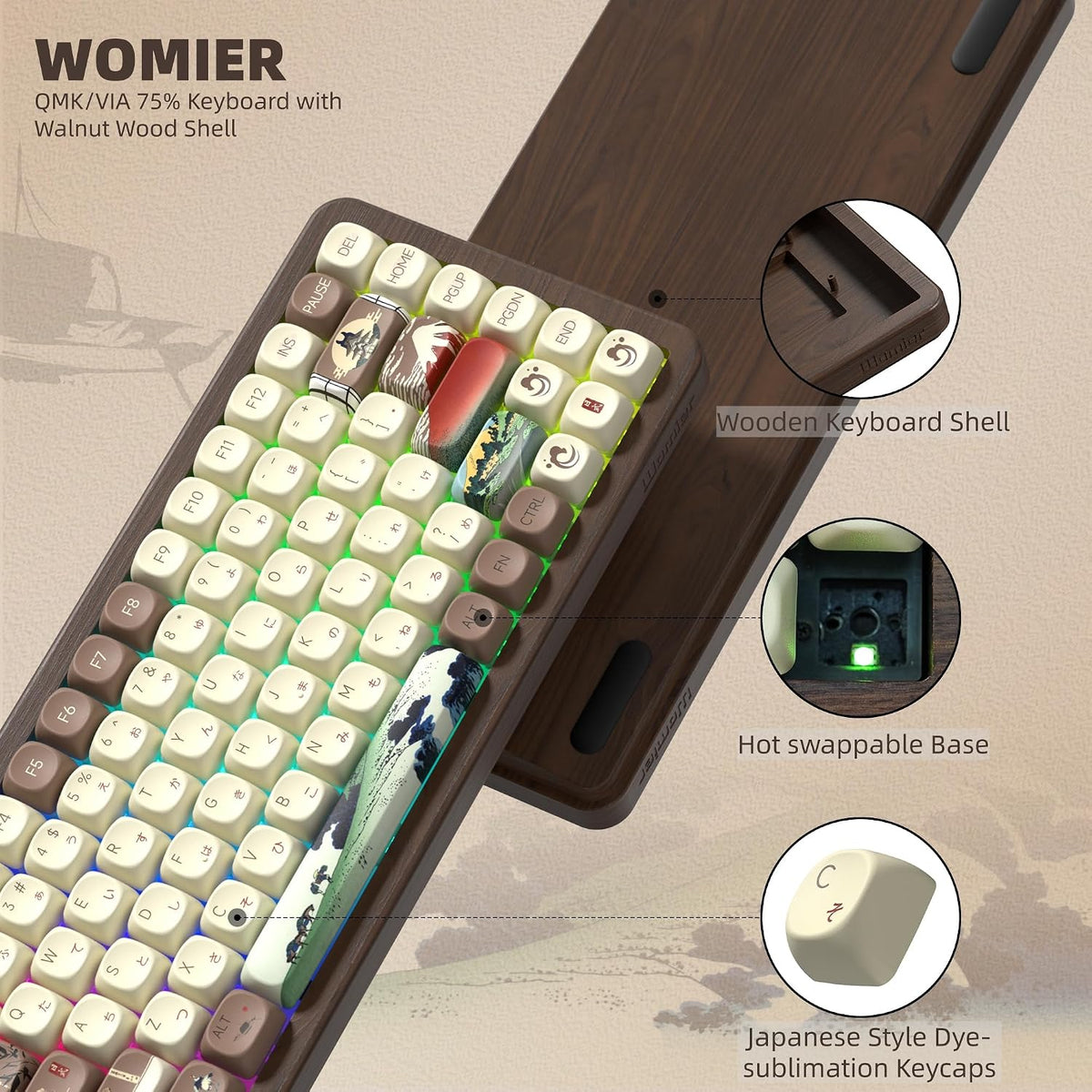 Womier 75% Wireless Creamy Keyboard with Wood Shell, QMK/VIA WD75 V2