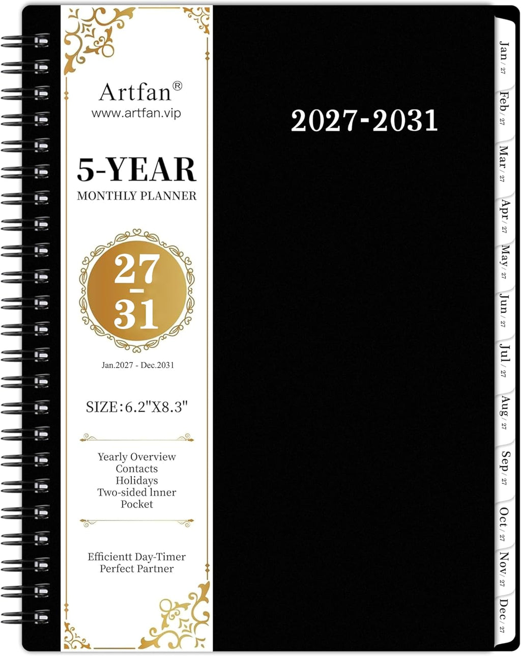 2027-2031 Monthly Planner/Calendar - Jan. 2027 - Dec. 2031, 6.2" x 8.3" | Monthly Planner, 5 Year, Multi Year Calendar 2027-2031 with Twin-Wire Binding, Tabs, Storage Pocket - Black