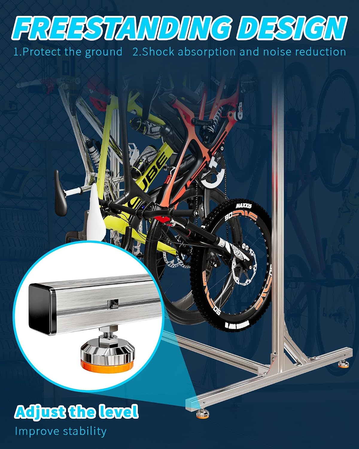 aluminum alloy freestanding bike rack for 4 bikes, side view