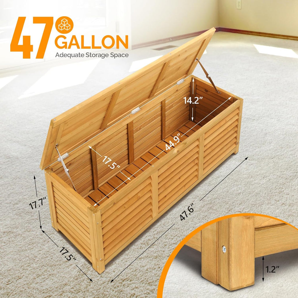 vingli 47 gallon wood deck box (natural) shown in use