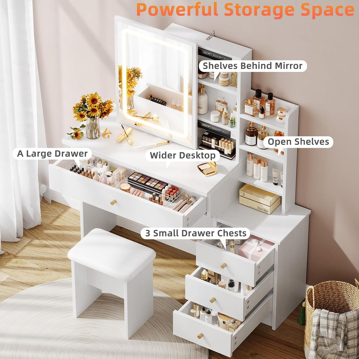 Memobarco White Makeup Vanity Desk with Sliding Mirror & 4 Drawers