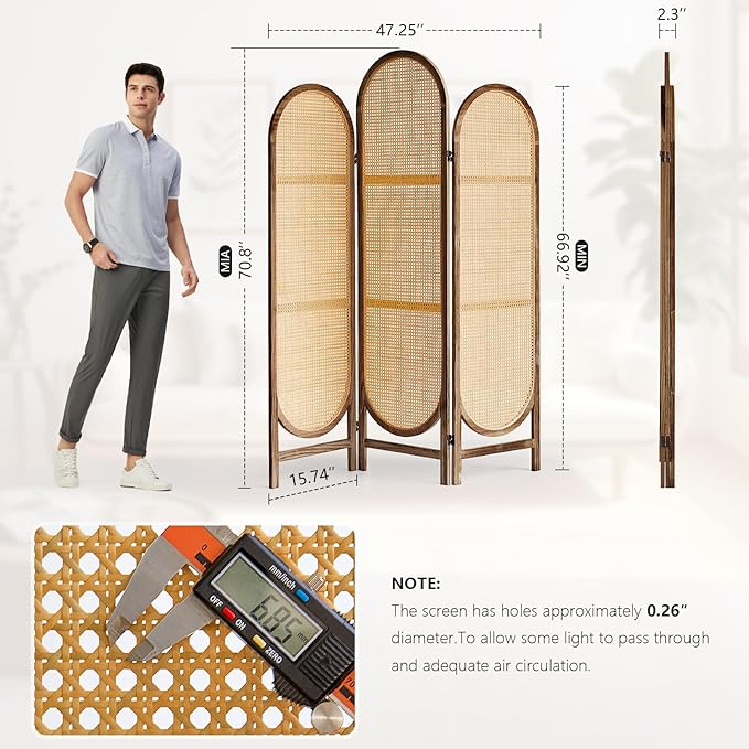 Asnefeli Wood Room Divider 3 Panels, Folding Rattan Room Divider Wall, Unique - Image 3