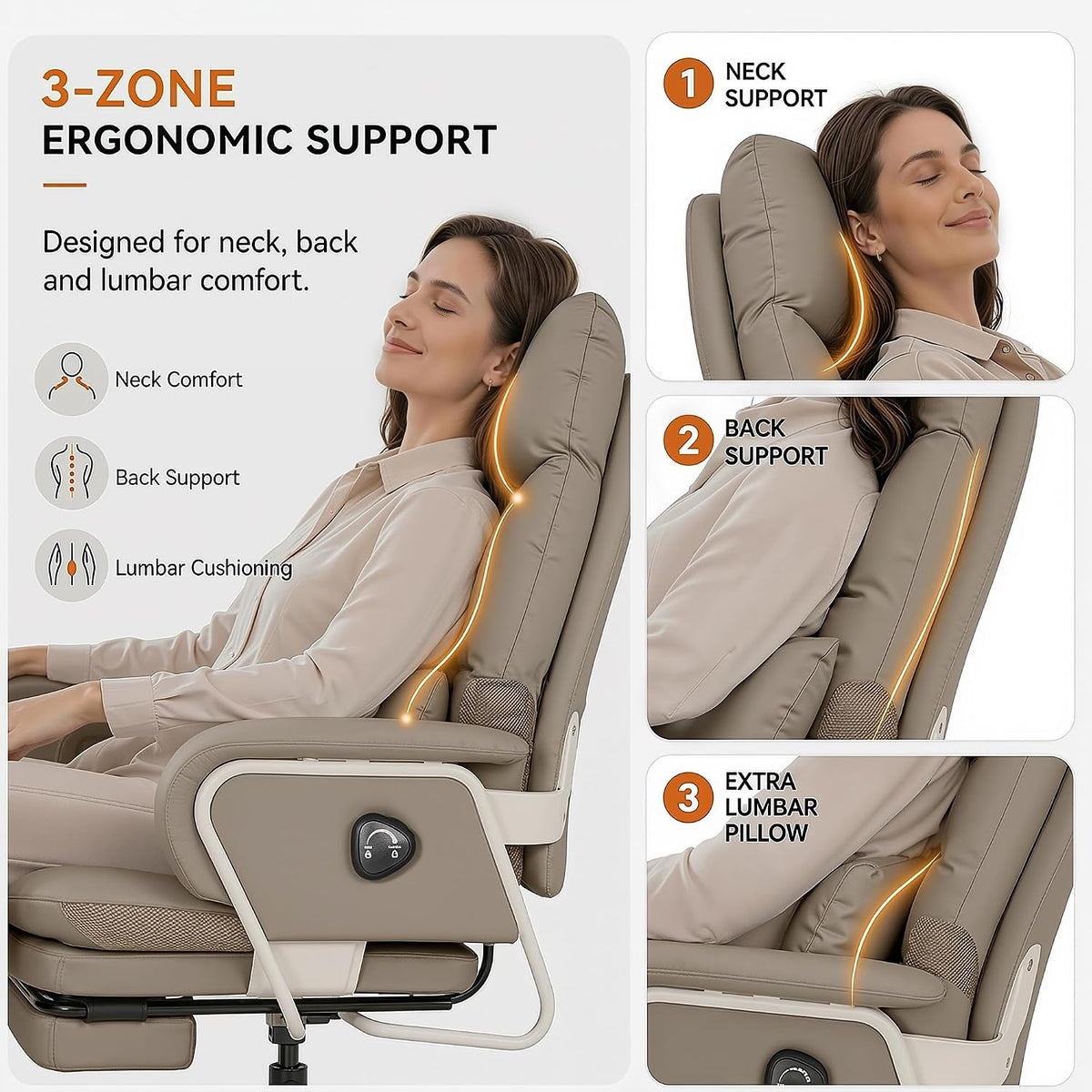 180° Reclining Office Chair with Footrest, PU Leather, Gray