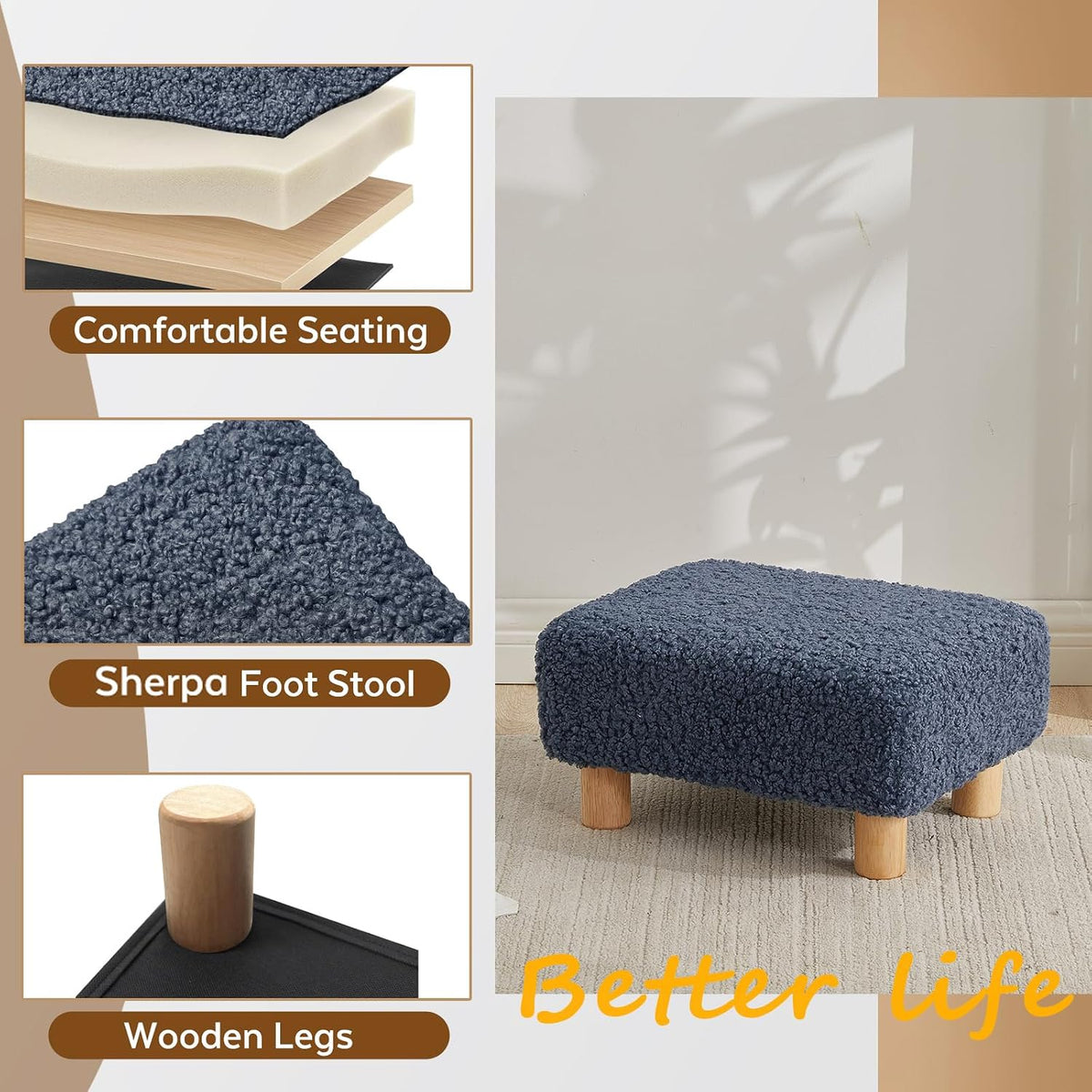 Small Foot Stool Ottoman, Sherpa Footstool Ottoman Foot Rest for Couch, Recta...