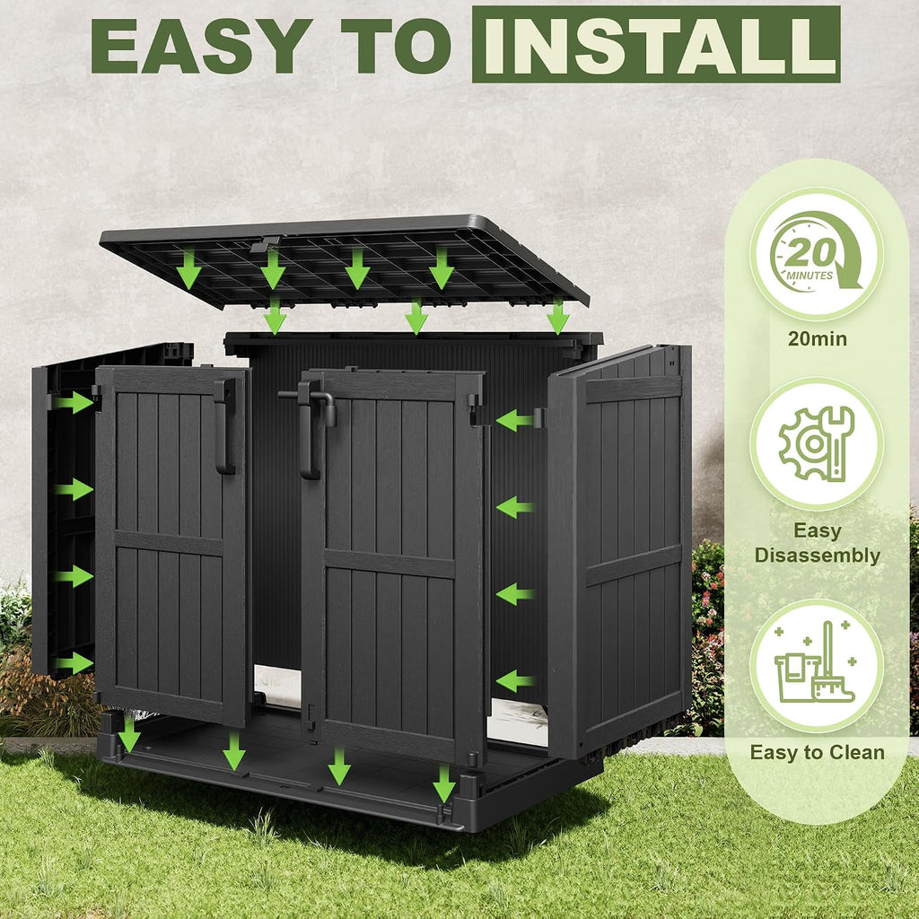 36 cu ft resin outdoor storage shed, weatherproof on a desk or shelf