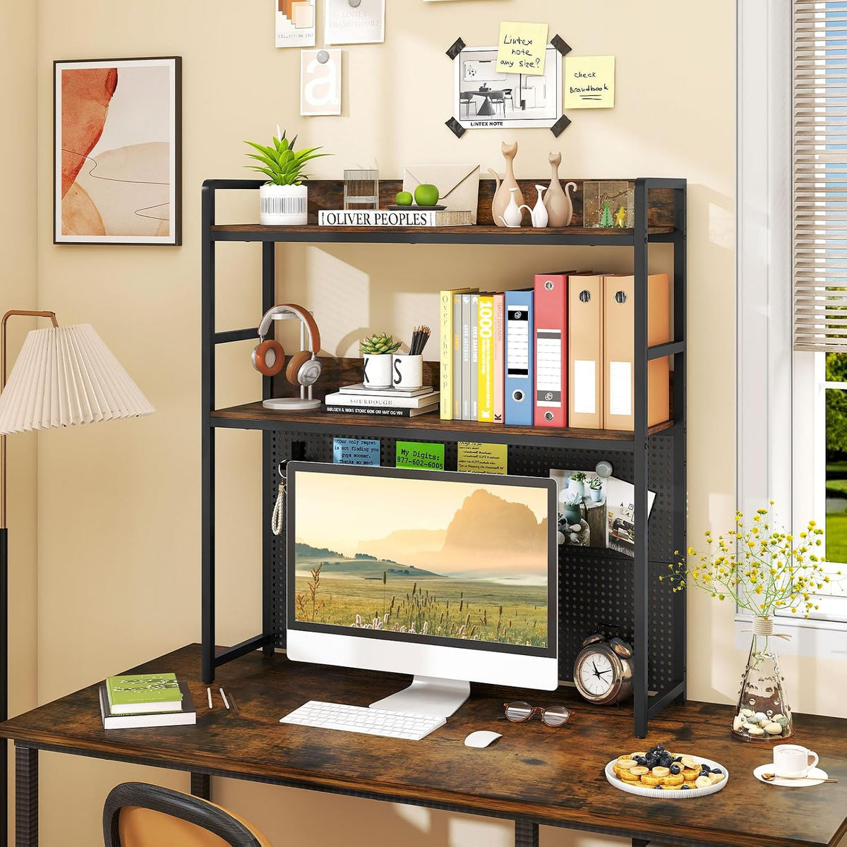GIANTEX Desktop Bookshelf, 2-Tier Desk Hutch Dorm with Pegboard for up to 32&...